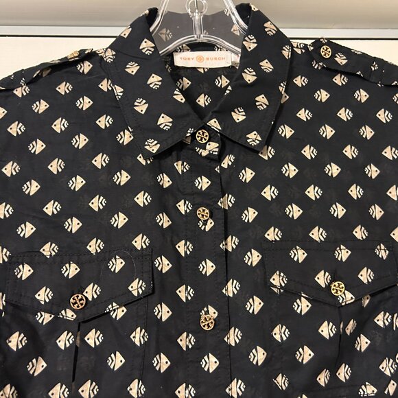 TORY BURCH Sz 6 Black Kingfish Print Long Sleeve Utility Shirt Top - Picture 3 of 9
